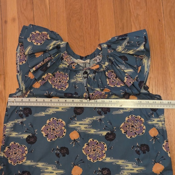 Ulla Johnson Elia Top River Blue Floral Blouse V-Neck Tassel Ruffled Sleeve Sz 2 - Picture 9 of 12